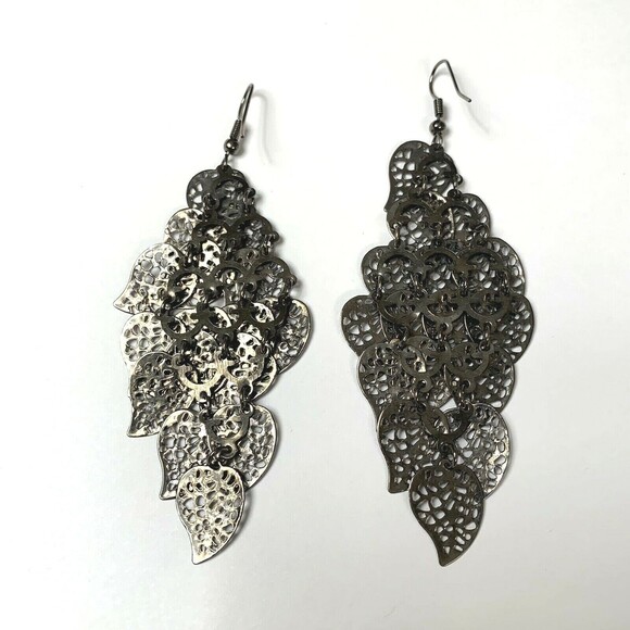 Bronze Tone Earrings Long Cascading Articulated Open Leaves Lacey Leaf Filigree - Picture 7 of 7